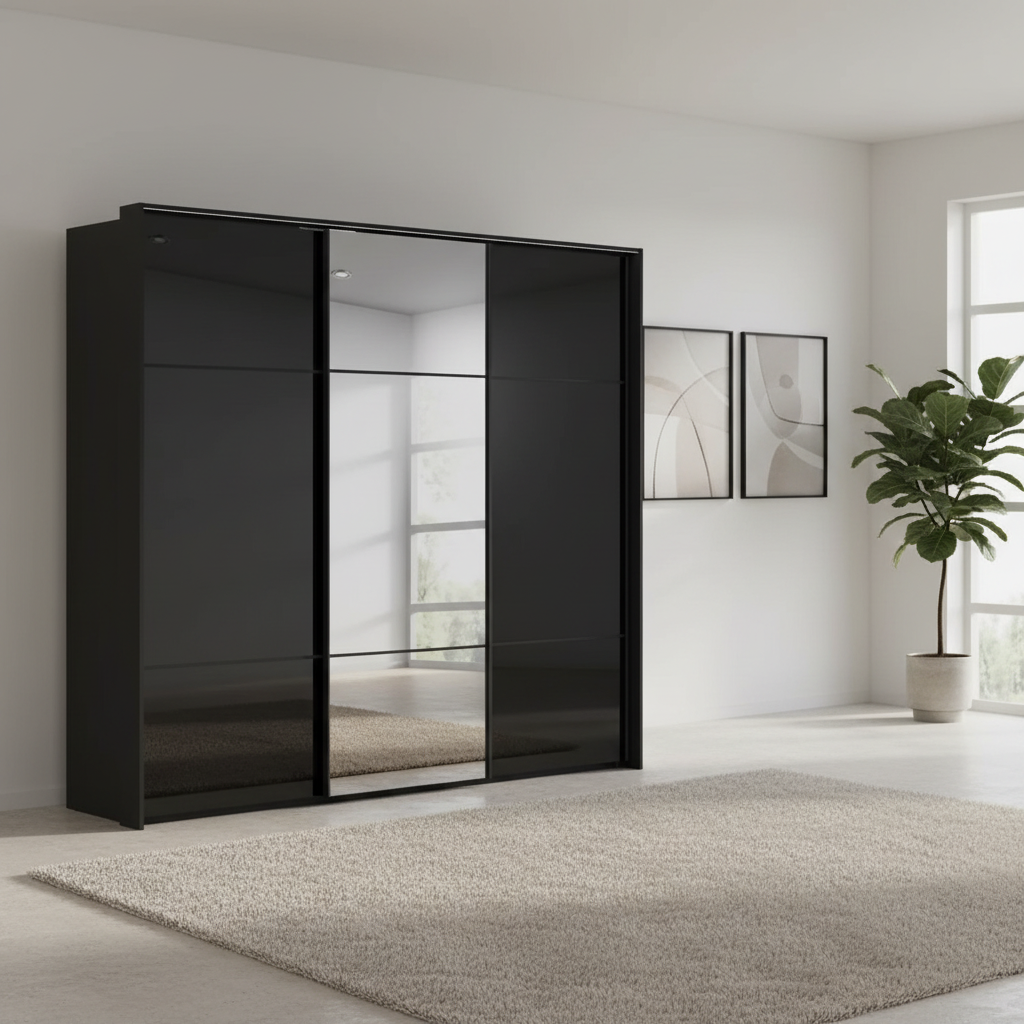 Rauch Heaven 240cm 3 Door Slider Wardrobe with 2 Glass Doors, 1 Mirror Door & Lights in Black styled in a modern bedroom