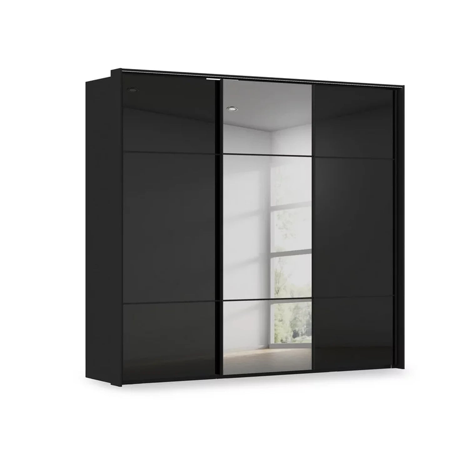 Rauch Haven 3 Door Slider Wardrobe with 2 Glass Doors, 1 Mirror Door & Lights in Black