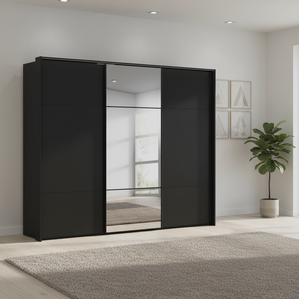 Rauch Heaven 270cm 3 Door Slider Wardrobe with 2 Décor Doors, 1 Mirror Door and Lights in Black styled in a modern bedroom