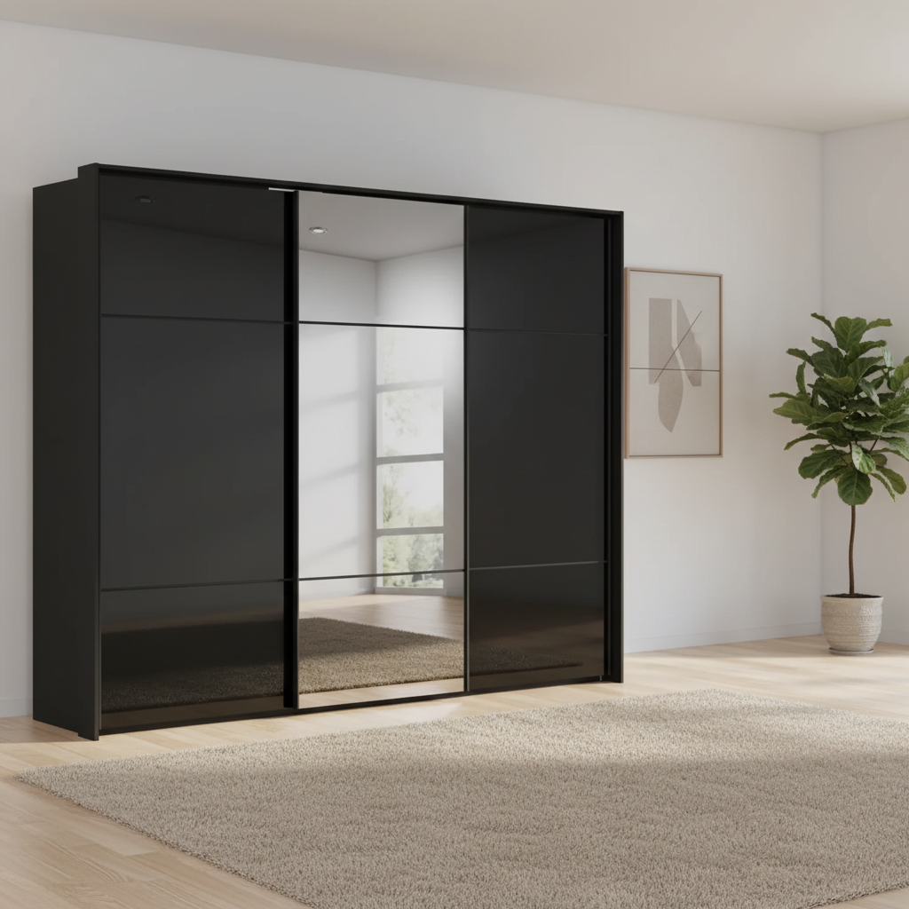 Rauch Heaven 270cm 3 Door Slider Wardrobe with 2 Glass Doors and 1 Mirror Door in Black styled in a modern bedroom