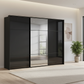 Rauch Heaven 300cm 3 Door Slider Wardrobe with 2 Glass Doors, 1 Mirror Door & Lights in Black styled in a modern bedroom