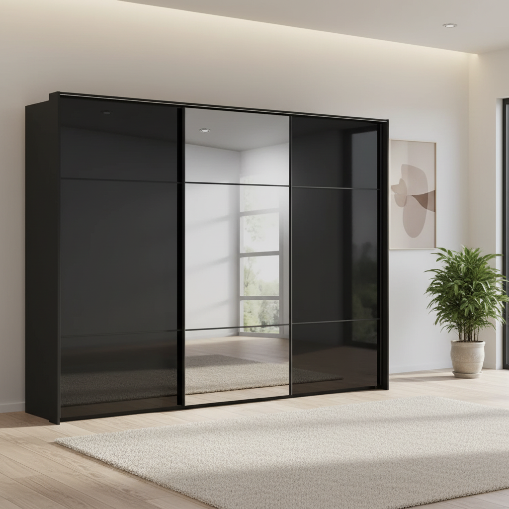 Rauch Heaven 300cm 3 Door Slider Wardrobe with 2 Glass Doors, 1 Mirror Door & Lights in Black styled in a modern bedroom