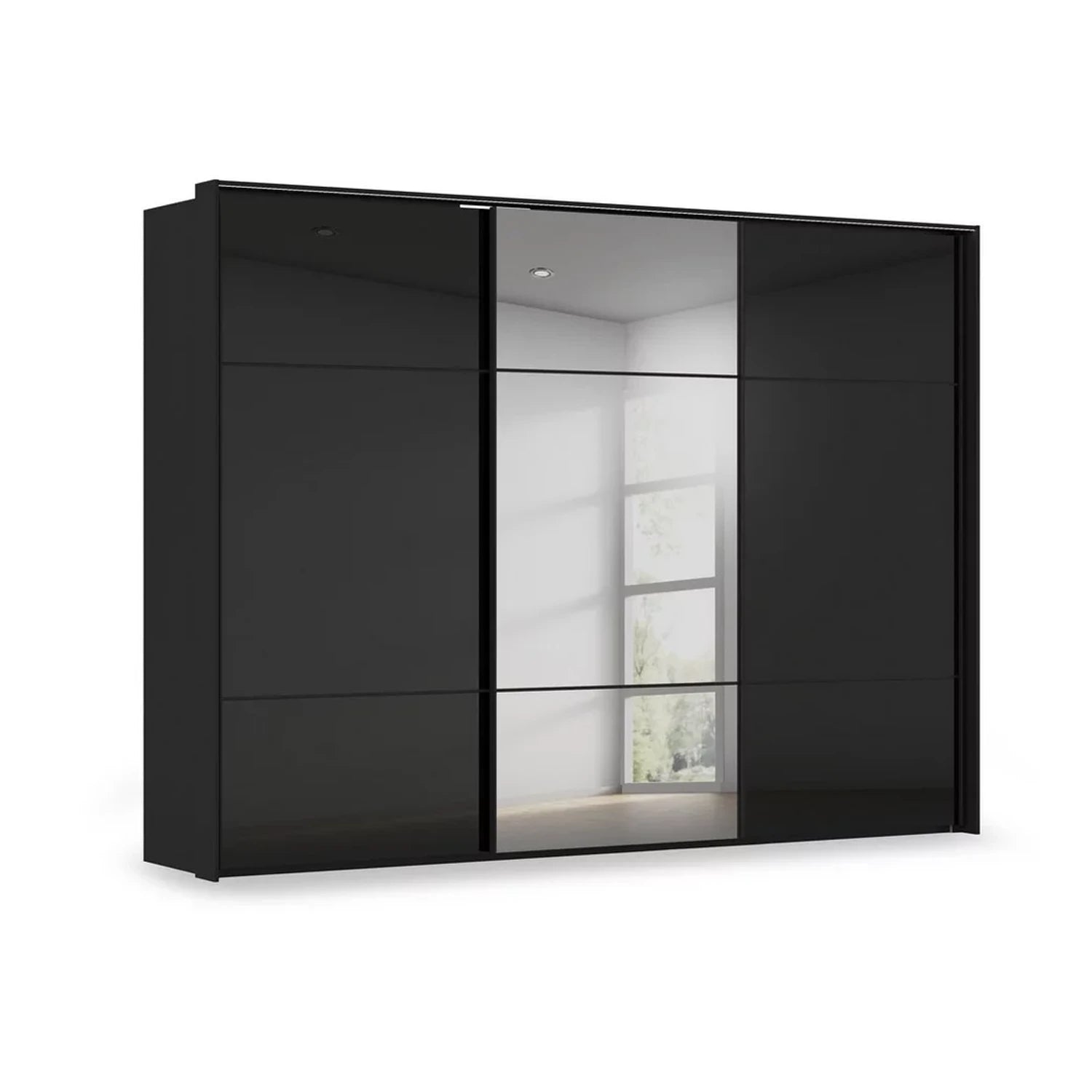 Rauch Haven 3 Door Slider Wardrobe with 2 Glass Doors, 1 Mirror Door & Lights in Black