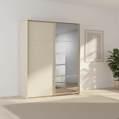 Rauch Heaven 180cm 2 Door Slider Wardrobe with 1 Décor Door, 1 Mirror Door and Lights in Champagne styled in a modern bedroom