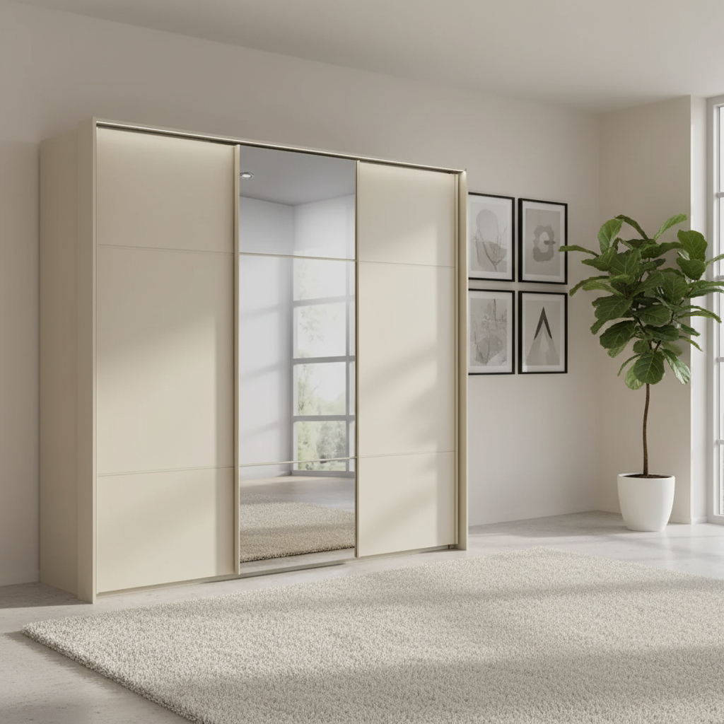 Rauch Heaven 240cm 3 Door Slider Wardrobe with 2 Décor Doors, 1 Mirror Door and Lights in Champagne styled in a modern bedroom