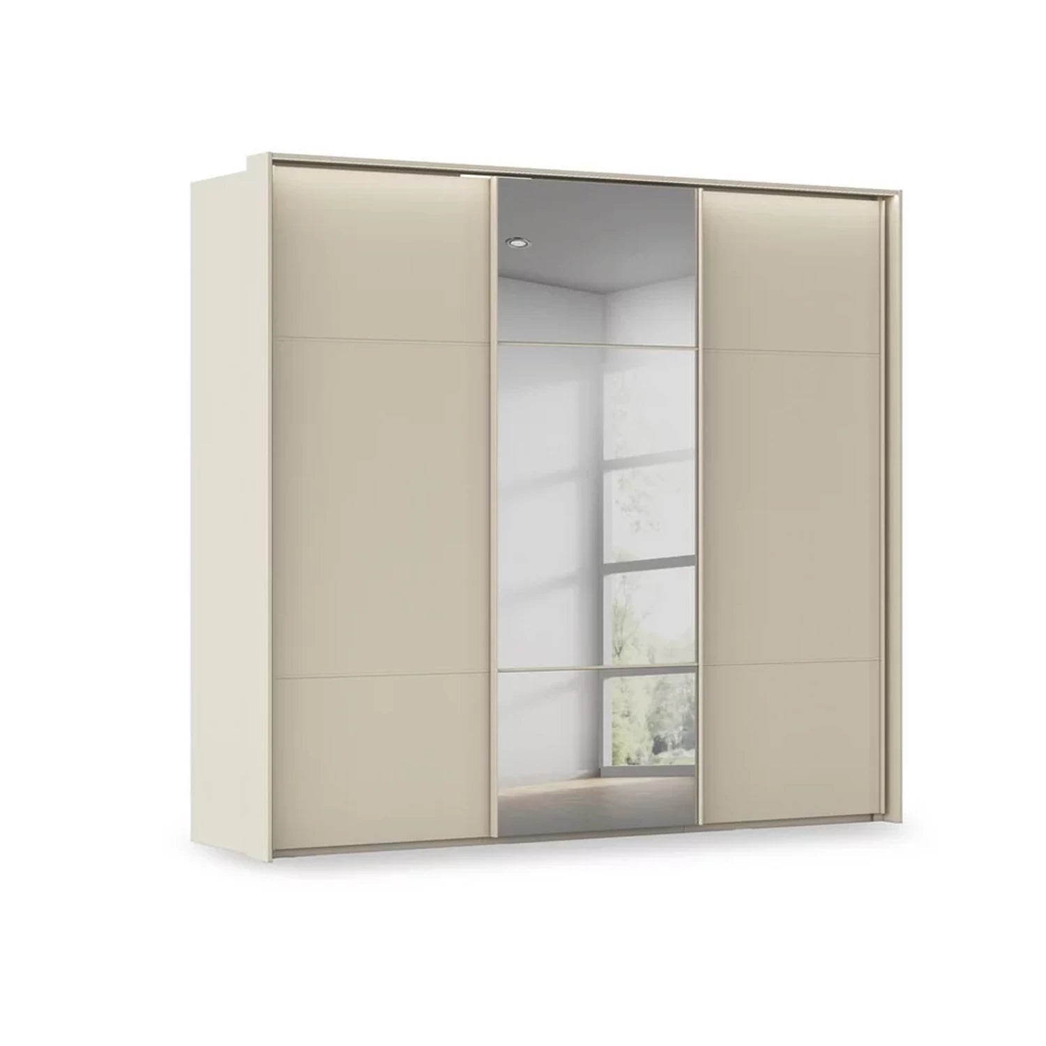 Rauch Haven 3 Door Slider Wardrobe with 2 Décor Doors, 1 Mirror Door and Lights in Champagne