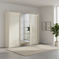 Rauch Heaven 240cm 3 Door Slider Wardrobe with 2 Glass Doors, 1 Mirror Door & Lights in Champagne styled in a modern bedroom
