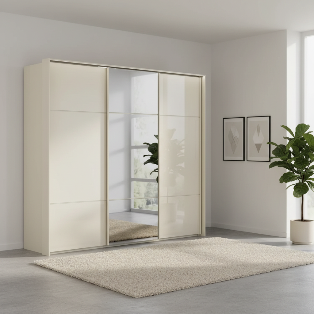 Rauch Heaven 240cm 3 Door Slider Wardrobe with 2 Glass Doors, 1 Mirror Door & Lights in Champagne styled in a modern bedroom