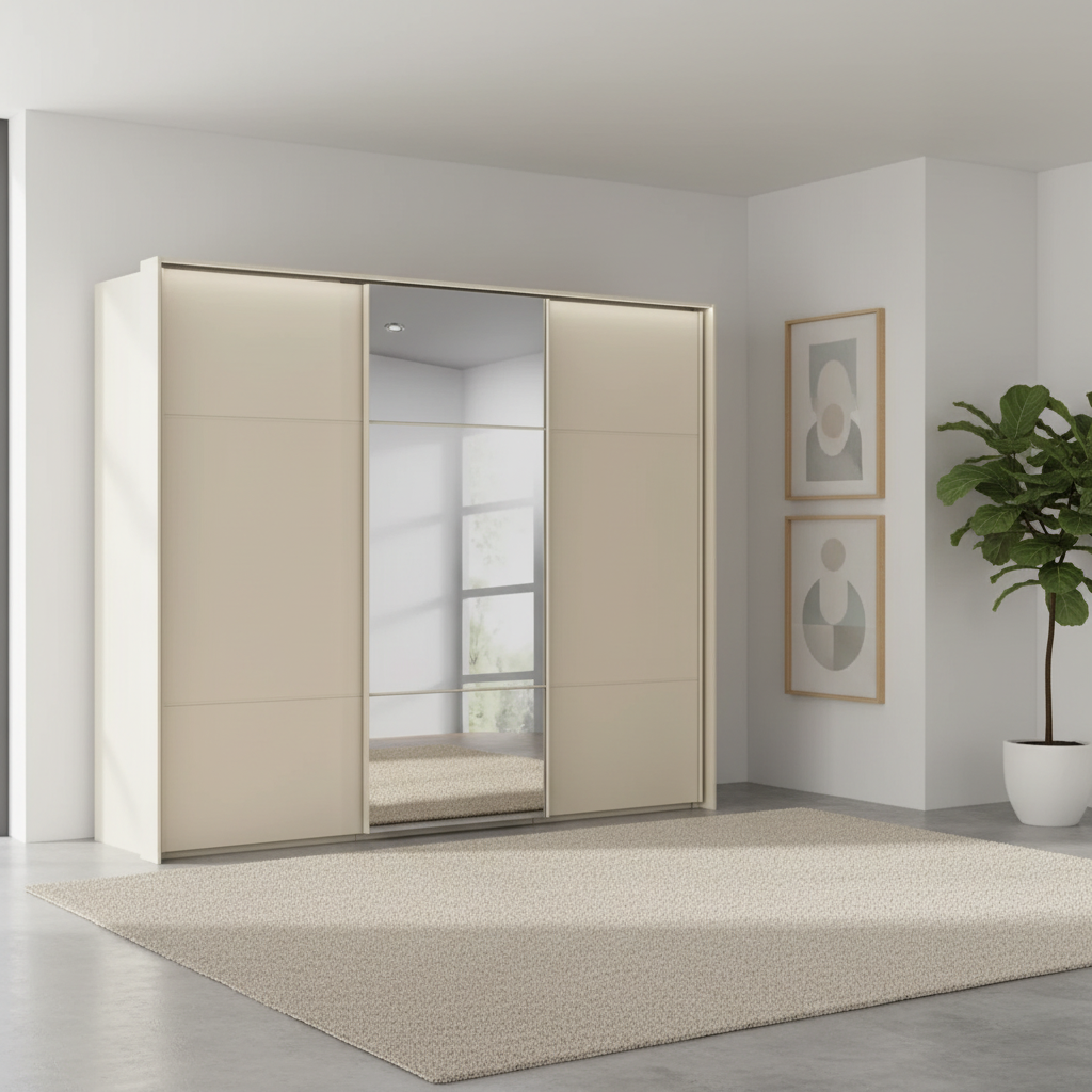 Rauch Heaven 270cm 3 Door Slider Wardrobe with 2 Décor Doors, 1 Mirror Door and Lights in Champagne styled in a modern bedroom