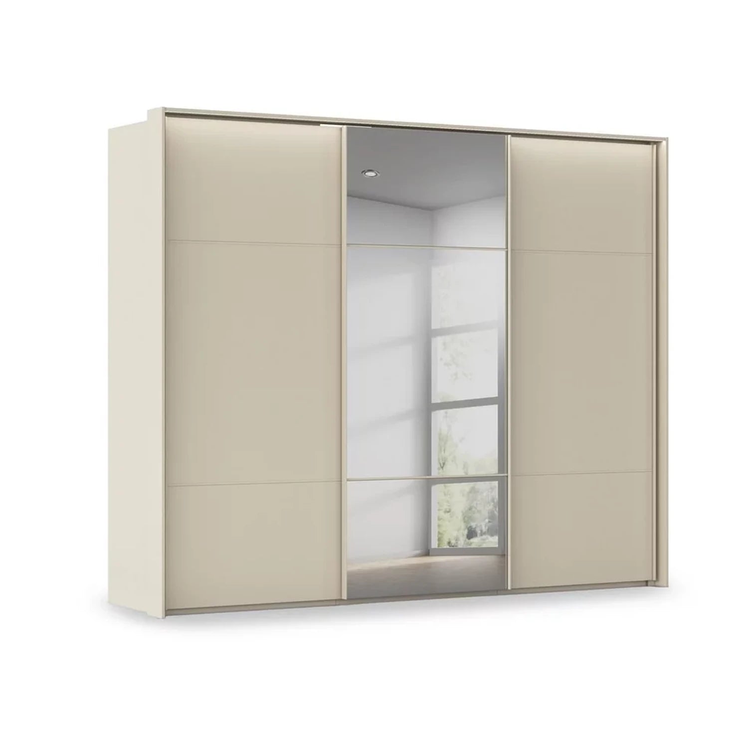 Rauch Haven 3 Door Slider Wardrobe with 2 Décor Doors, 1 Mirror Door and Lights in Champagne
