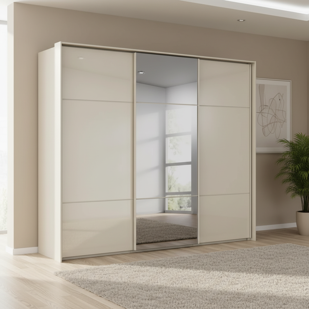Rauch Heaven 270cm 3 Door Slider Wardrobe with 2 Glass Doors and 1 Mirror Door in Champagne styled in a modern bedroom