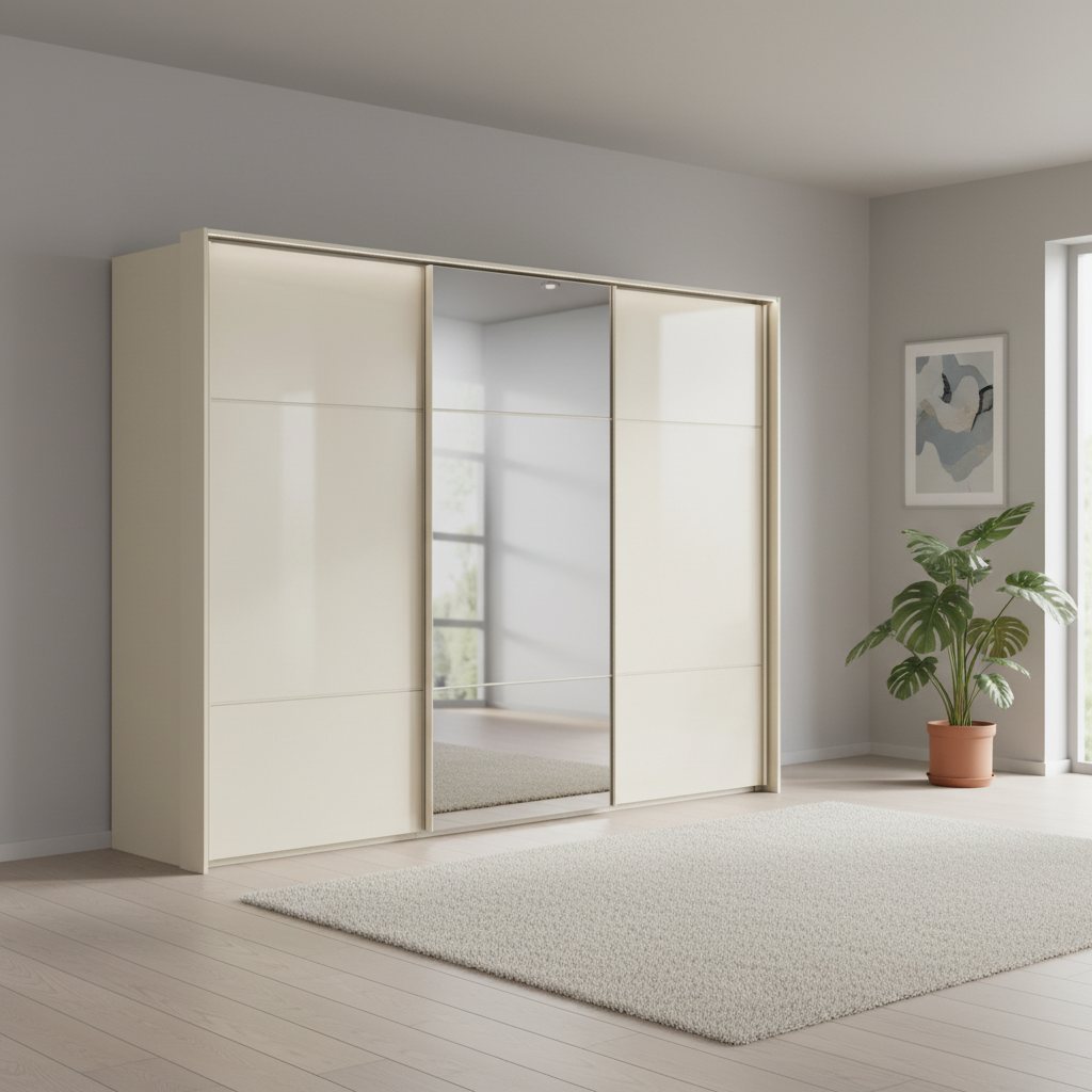 Rauch Heaven 300cm 3 Door Slider Wardrobe with 2 Glass Doors, 1 Mirror Door & Lights in Champagne styled in a modern bedroom