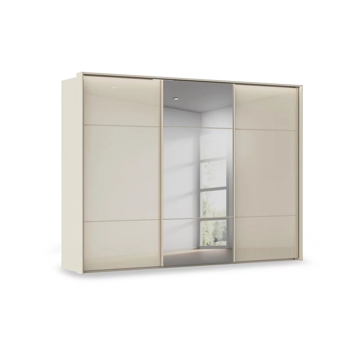 Rauch Haven 3 Door Slider Wardrobe with 2 Glass Doors, 1 Mirror Door & Lights in Champagne
