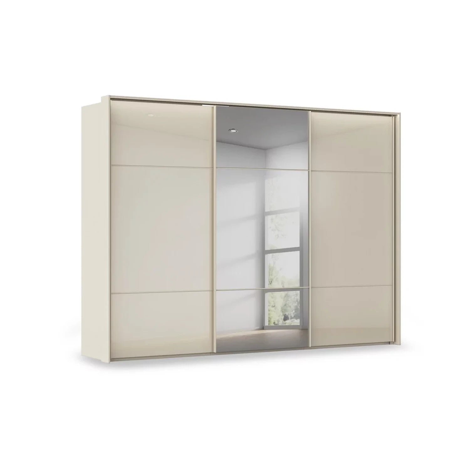 Rauch Haven 3 Door Slider Wardrobe with 2 Glass Doors, 1 Mirror Door & Lights in Champagne