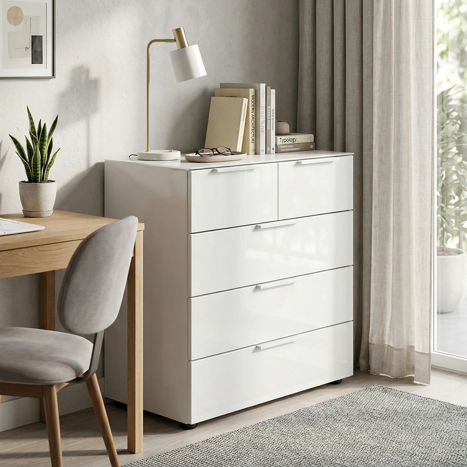 Rauch Heaven 3+2 Drawer Chest with Glass Top and Front - Styled in a Bedroom