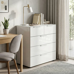 Rauch Heaven 3+2 Drawer Chest with Glass Top and Front - Styled in a Bedroom