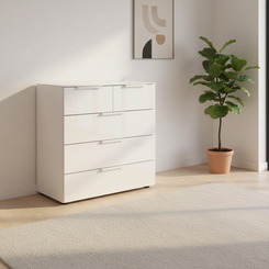 Rauch Heaven 3+2 Drawer Chest with Glass Top and Front in Alpine White styled in a modern room