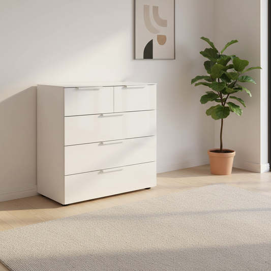 Rauch Heaven 3+2 Drawer Chest with Glass Top and Front in Alpine White styled in a modern room