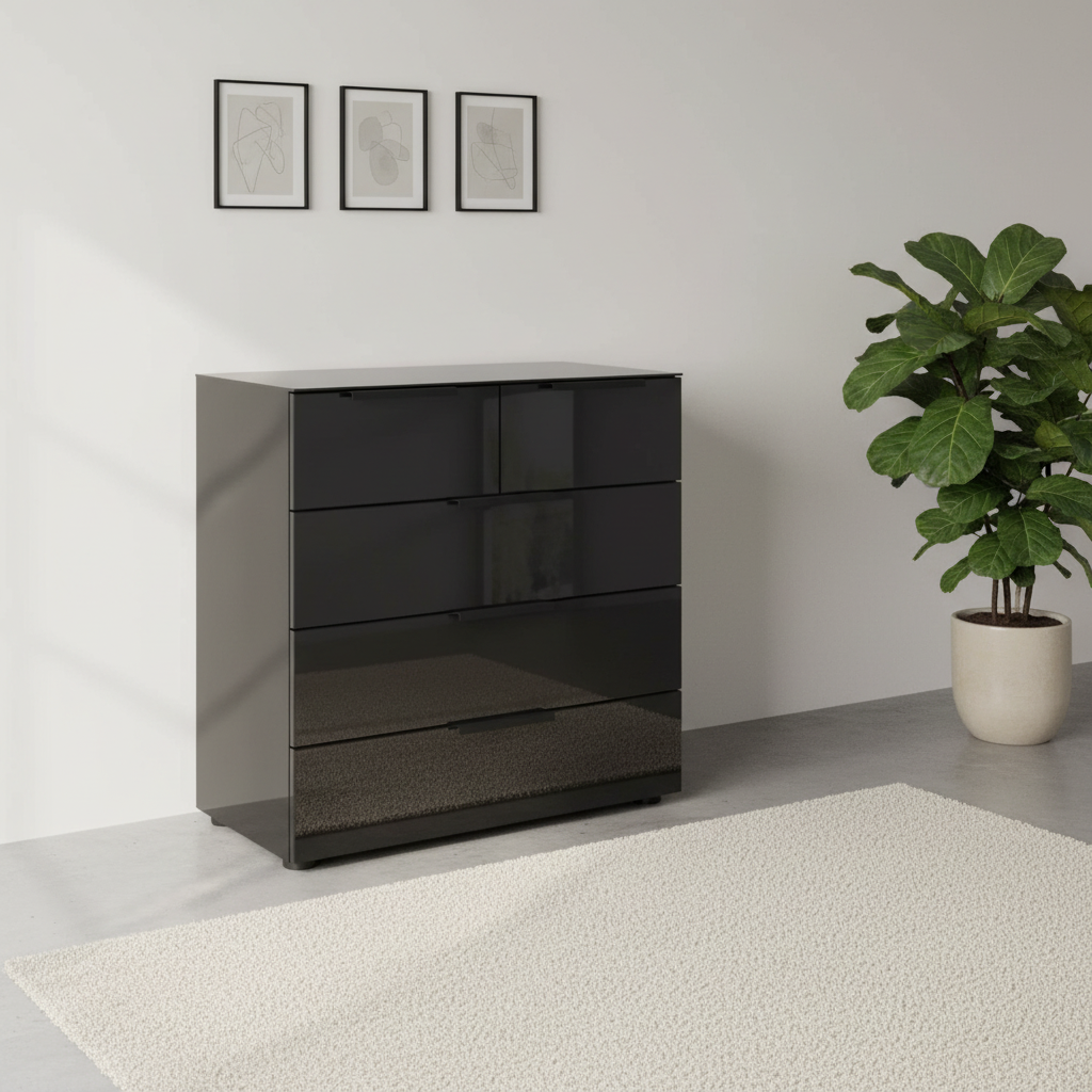 Rauch Heaven 3+2 Drawer Chest with Glass Top and Front in Black styled in a modern room