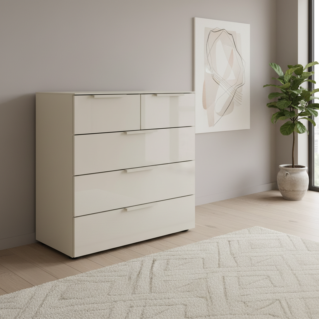 Rauch Heaven 3+2 Drawer Chest with Glass Top and Front in Champagne styled in a modern room