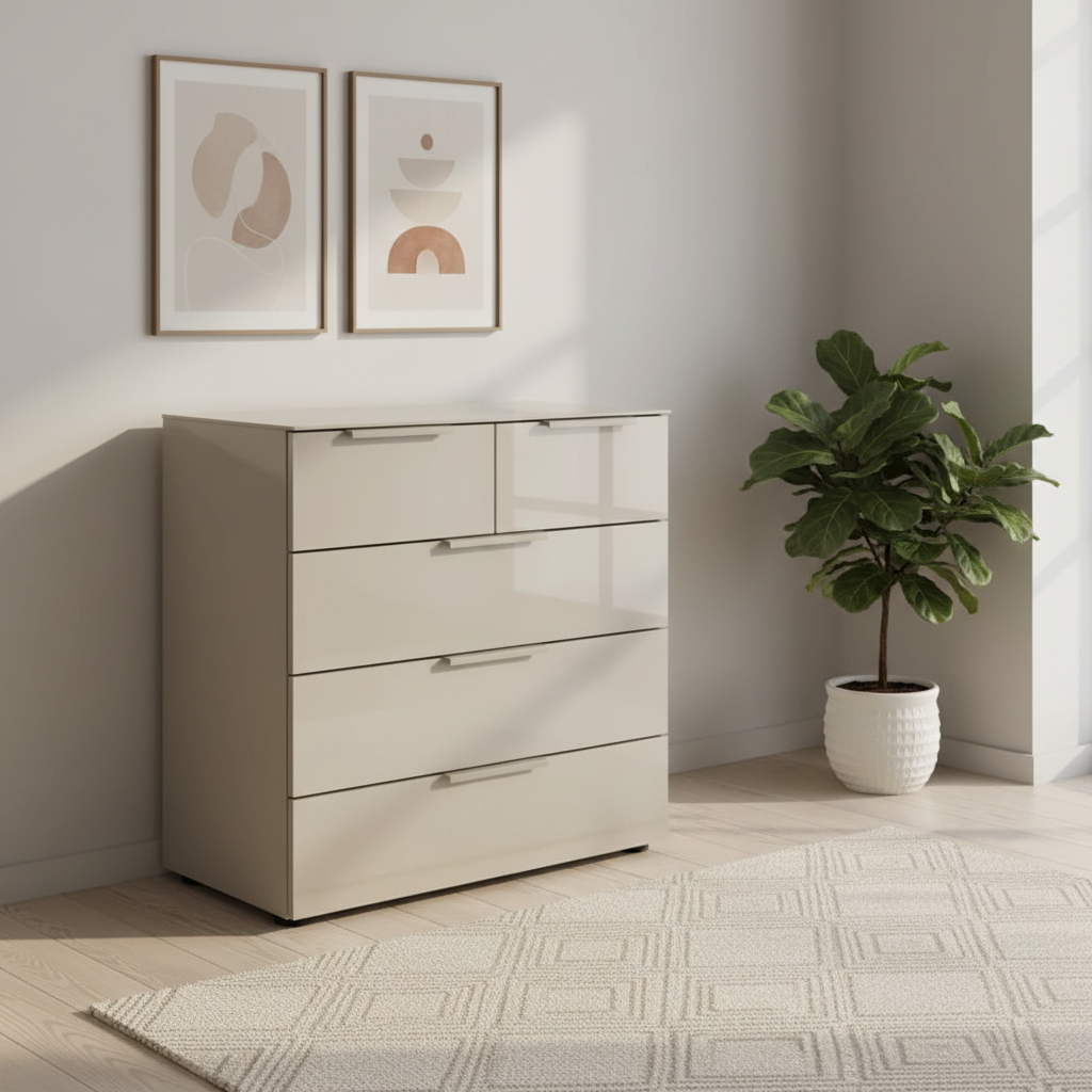Rauch Heaven 3+2 Drawer Chest with Glass Top and Front in Fango styled in a modern room