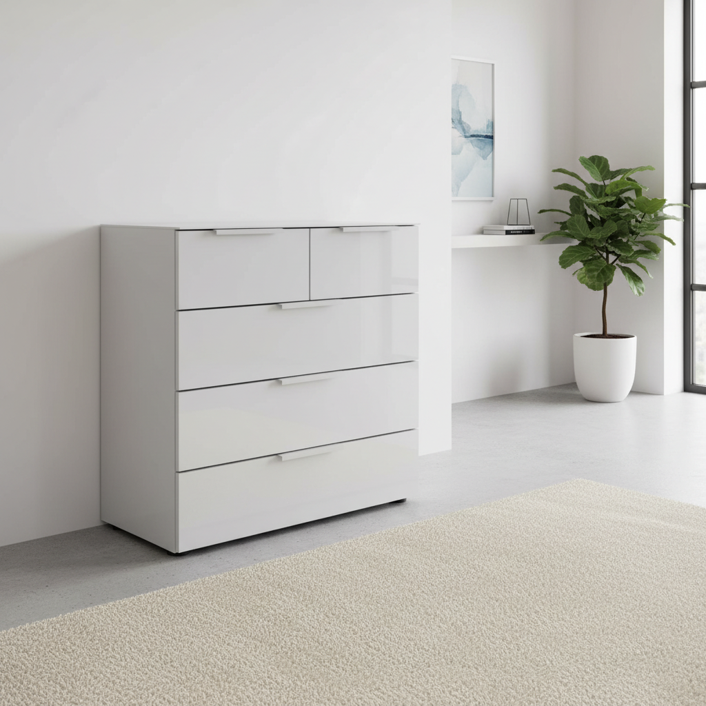 Rauch Heaven 3+2 Drawer Chest with Glass Top and Front in Silk Grey syled in a modern room