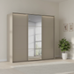 Rauch Heaven 240cm 3 Door Slider Wardrobe with 2 Décor Doors, 1 Mirror Door and Lights in Fango styled in a modern bedroom