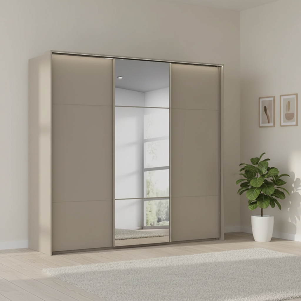 Rauch Heaven 240cm 3 Door Slider Wardrobe with 2 Décor Doors, 1 Mirror Door and Lights in Fango styled in a modern bedroom