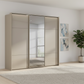 Rauch Heaven 240cm 3 Door Slider Wardrobe with 2 Glass Doors, 1 Mirror Door & Lights in Fango styled in a modern bedroom