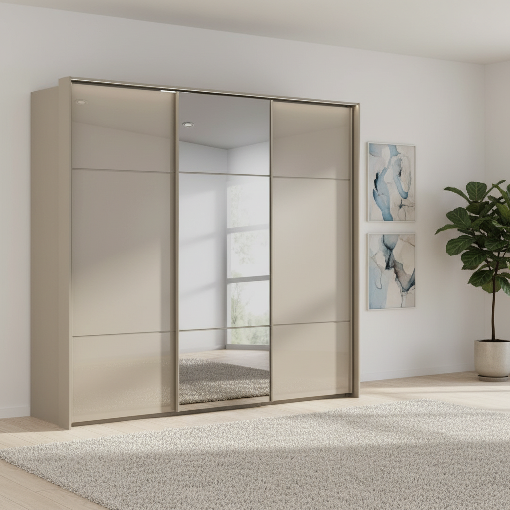 Rauch Heaven 240cm 3 Door Slider Wardrobe with 2 Glass Doors, 1 Mirror Door & Lights in Fango styled in a modern bedroom