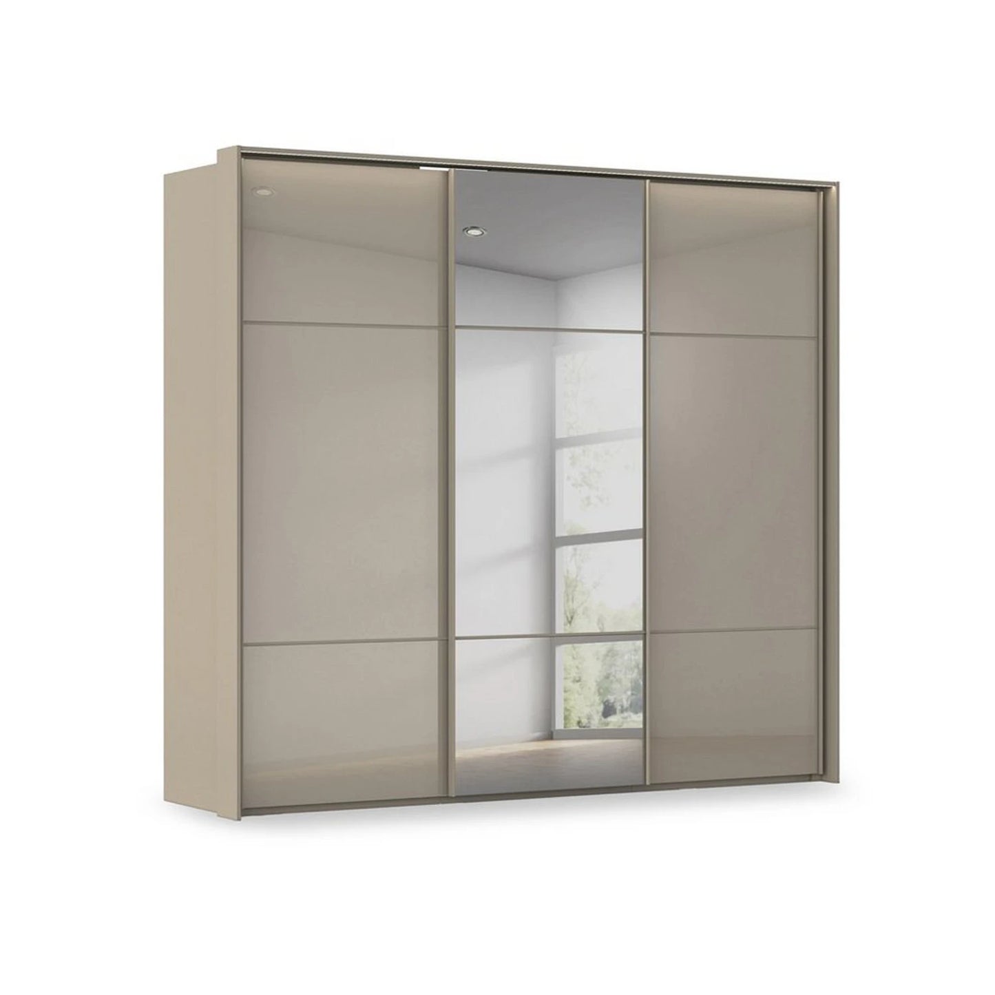 Rauch Haven 3 Door Slider Wardrobe with 2 Glass Doors, 1 Mirror Door & Lights in Fango