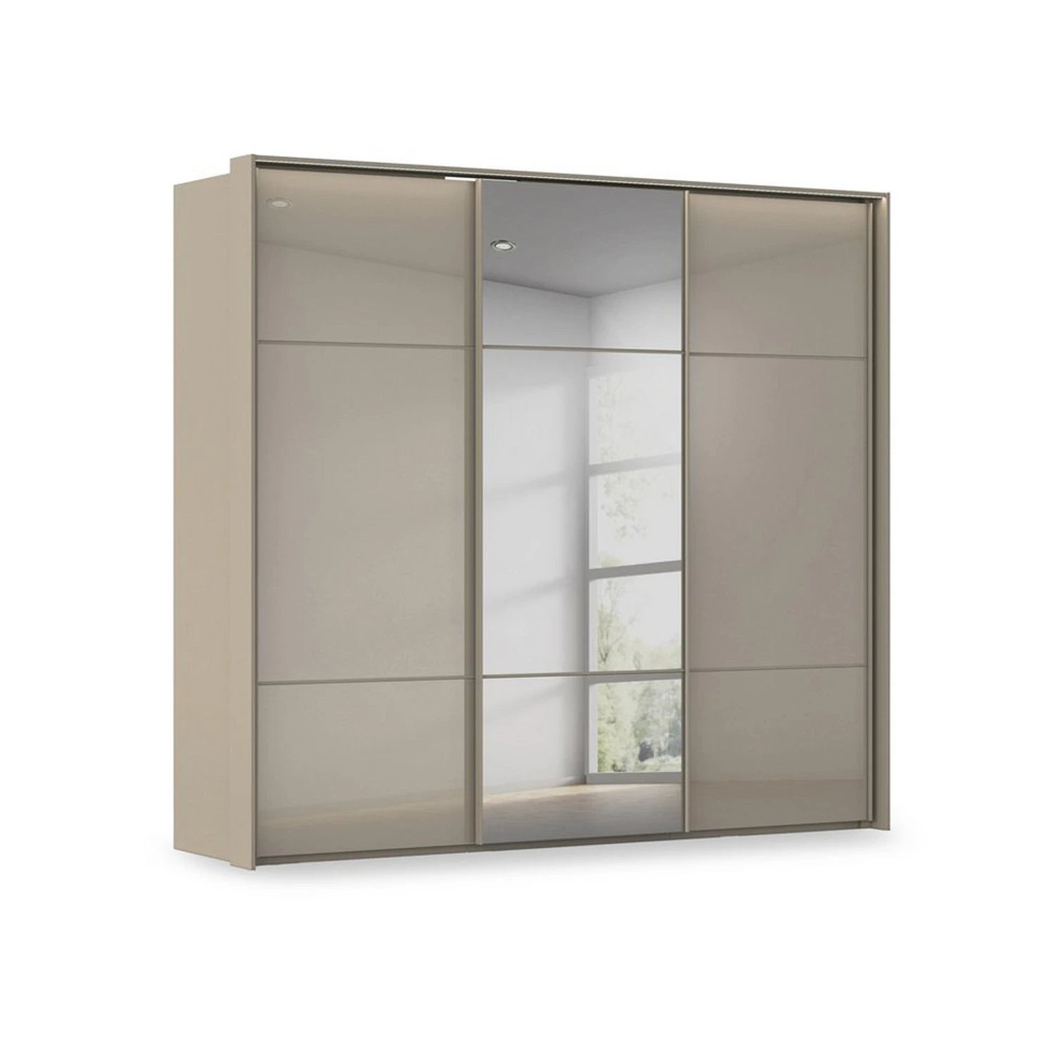Rauch Haven 3 Door Slider Wardrobe with 2 Glass Doors, 1 Mirror Door & Lights in Fango
