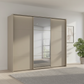 Rauch Heaven 270cm 3 Door Slider Wardrobe with 2 Décor Doors, 1 Mirror Door and Lights in Fango styled in a modern bedroom
