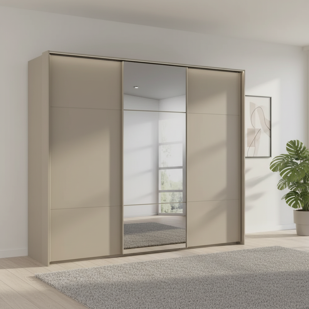 Rauch Heaven 270cm 3 Door Slider Wardrobe with 2 Décor Doors, 1 Mirror Door and Lights in Fango styled in a modern bedroom