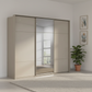 Rauch Heaven 270cm 3 Door Slider Wardrobe with 2 Glass Doors and 1 Mirror Door in Fango styled in a modern bedroom