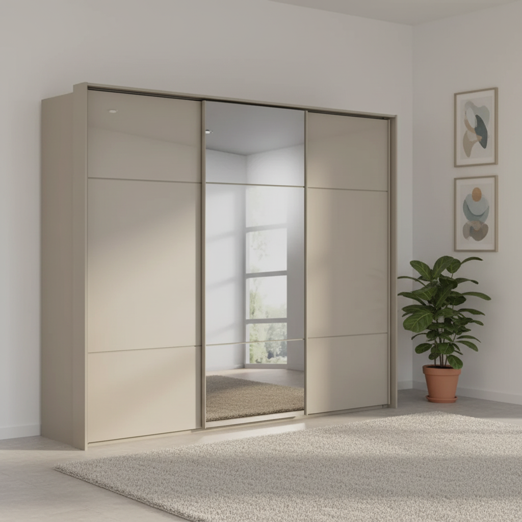 Rauch Heaven 270cm 3 Door Slider Wardrobe with 2 Glass Doors and 1 Mirror Door in Fango styled in a modern bedroom