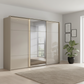 Rauch Heaven 300cm 3 Door Slider Wardrobe with 2 Glass Doors, 1 Mirror Door & Lights in Fango styled in a modern bedroom
