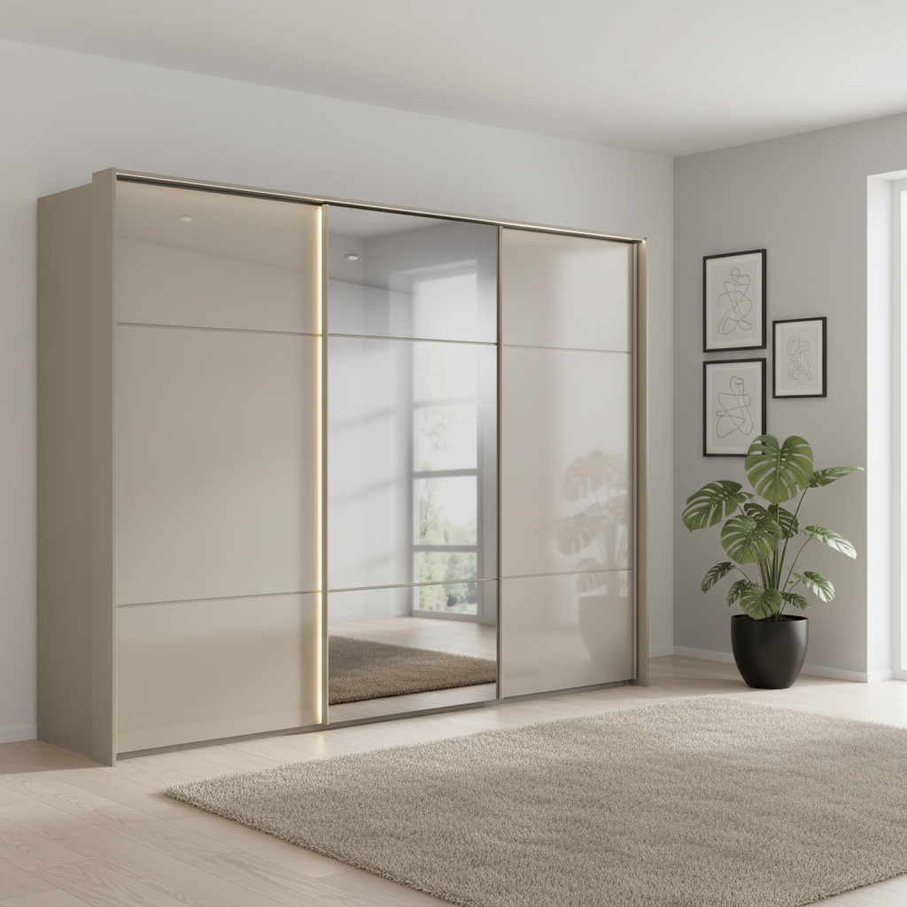 Rauch Heaven 300cm 3 Door Slider Wardrobe with 2 Glass Doors, 1 Mirror Door & Lights in Fango styled in a modern bedroom