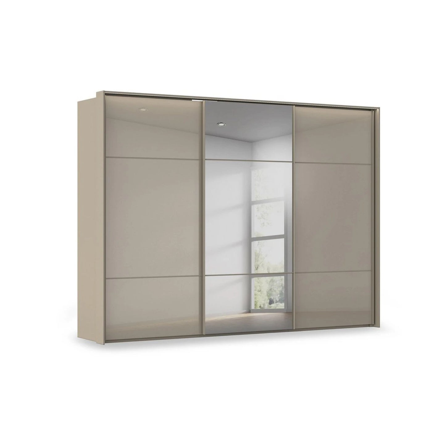 Rauch Haven 3 Door Slider Wardrobe with 2 Glass Doors, 1 Mirror Door & Lights in Fango