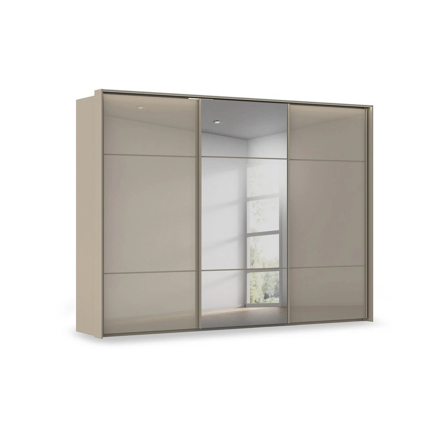 Rauch Haven 3 Door Slider Wardrobe with 2 Glass Doors, 1 Mirror Door & Lights in Fango