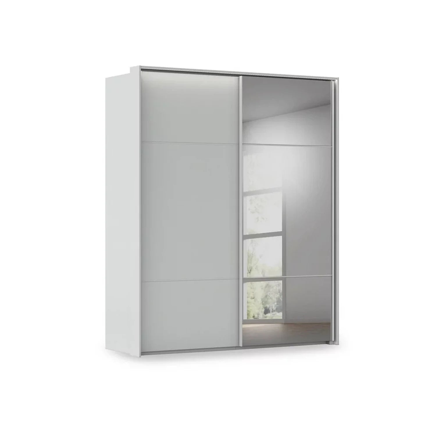 Rauch Haven 2 Door Slider Wardrobe with 1 Décor Door, 1 Mirror Door and Lights in Silk Grey