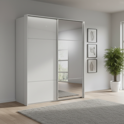 Rauch Heaven 180cm 2 Door Slider Wardrobe with 1 Glass Door, 1 Mirror Door and Lights in Silk Grey styled in a modern bedrom