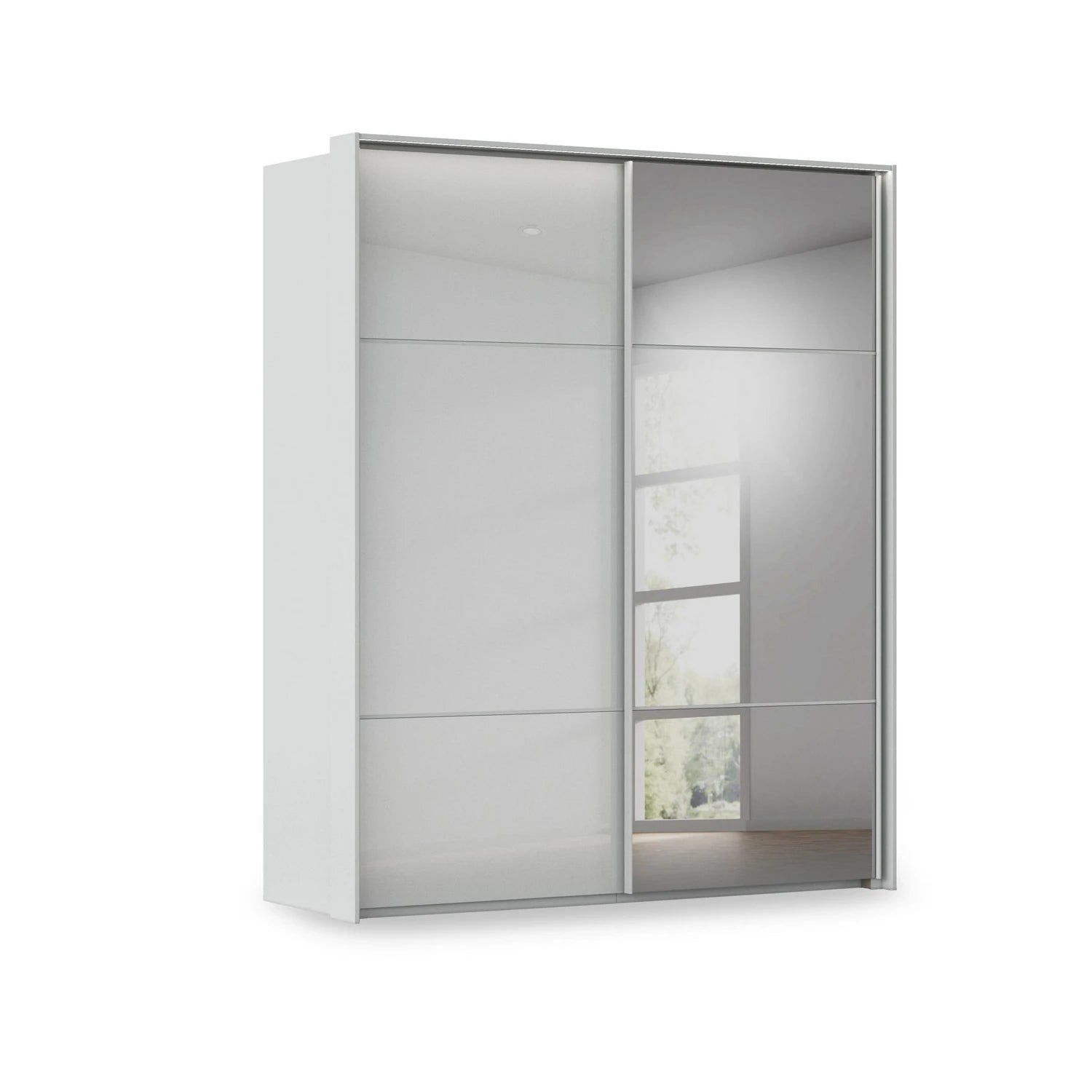 Rauch Haven 2 Door Slider Wardrobe with 1 Glass Door, 1 Mirror Door and Lights in Silk Grey