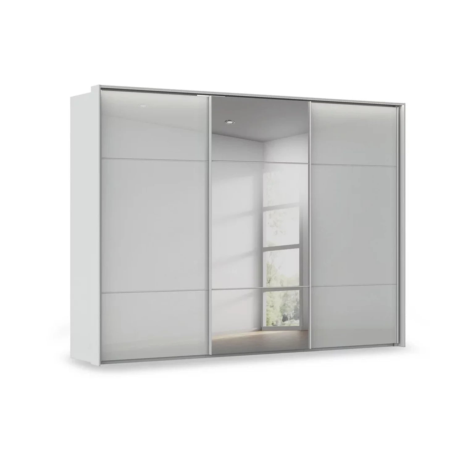 Rauch Haven 3 Door Slider Wardrobe with 2 Glass Doors, 1 Mirror Door & Lights in Silk Grey