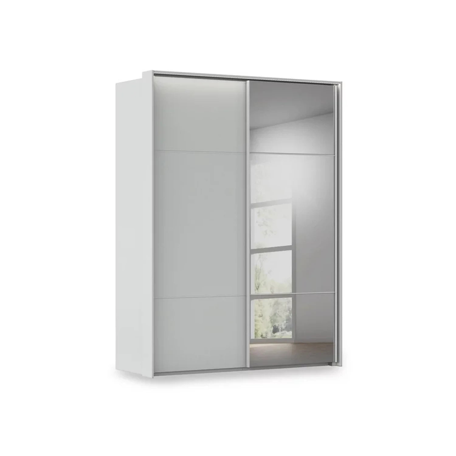 Rauch Haven 2 Door Slider Wardrobe with 1 Décor Door, 1 Mirror Door and Lights in Silk Grey