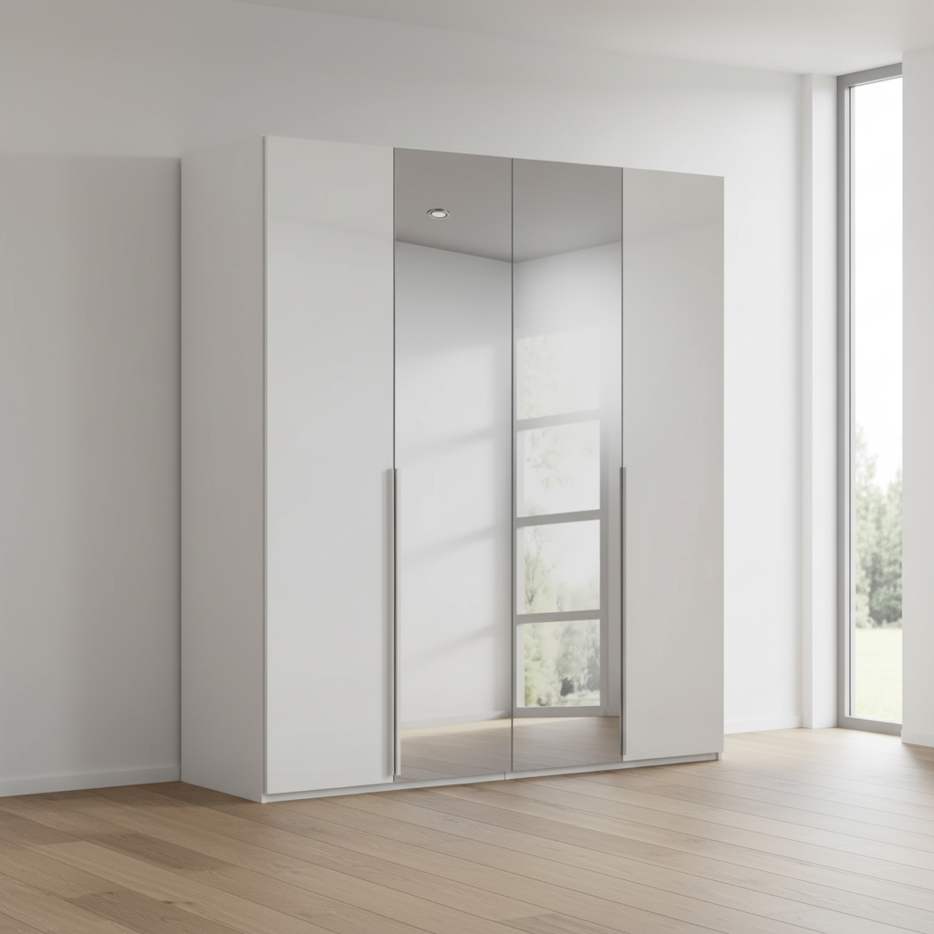 Rauch Heaven 200cm 4 Door Hinged Wardrobe with 2 Glass Doors and 2 Mirror Doors in Silk Grey styled in a modern bedroom