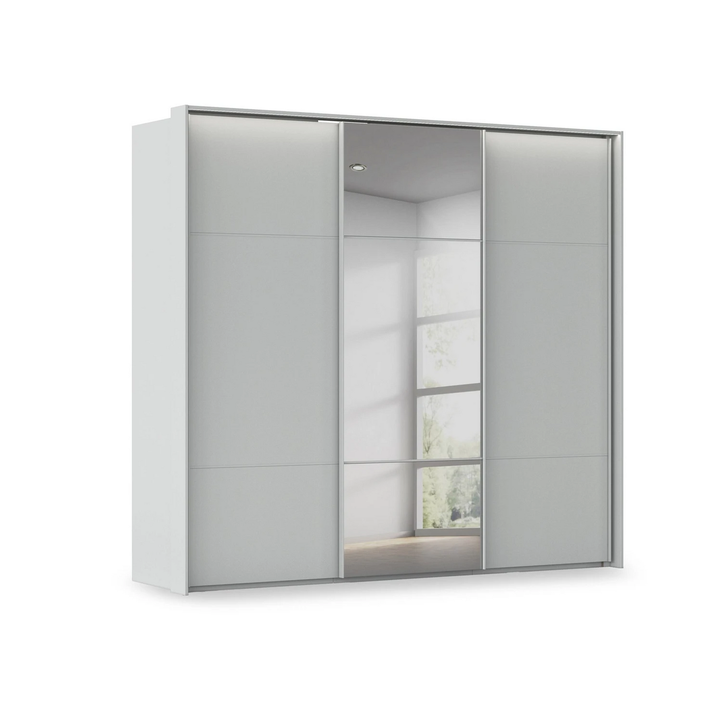 Rauch Haven 3 Door Slider Wardrobe with 2 Décor Doors, 1 Mirror Door and Lights in Silk Grey