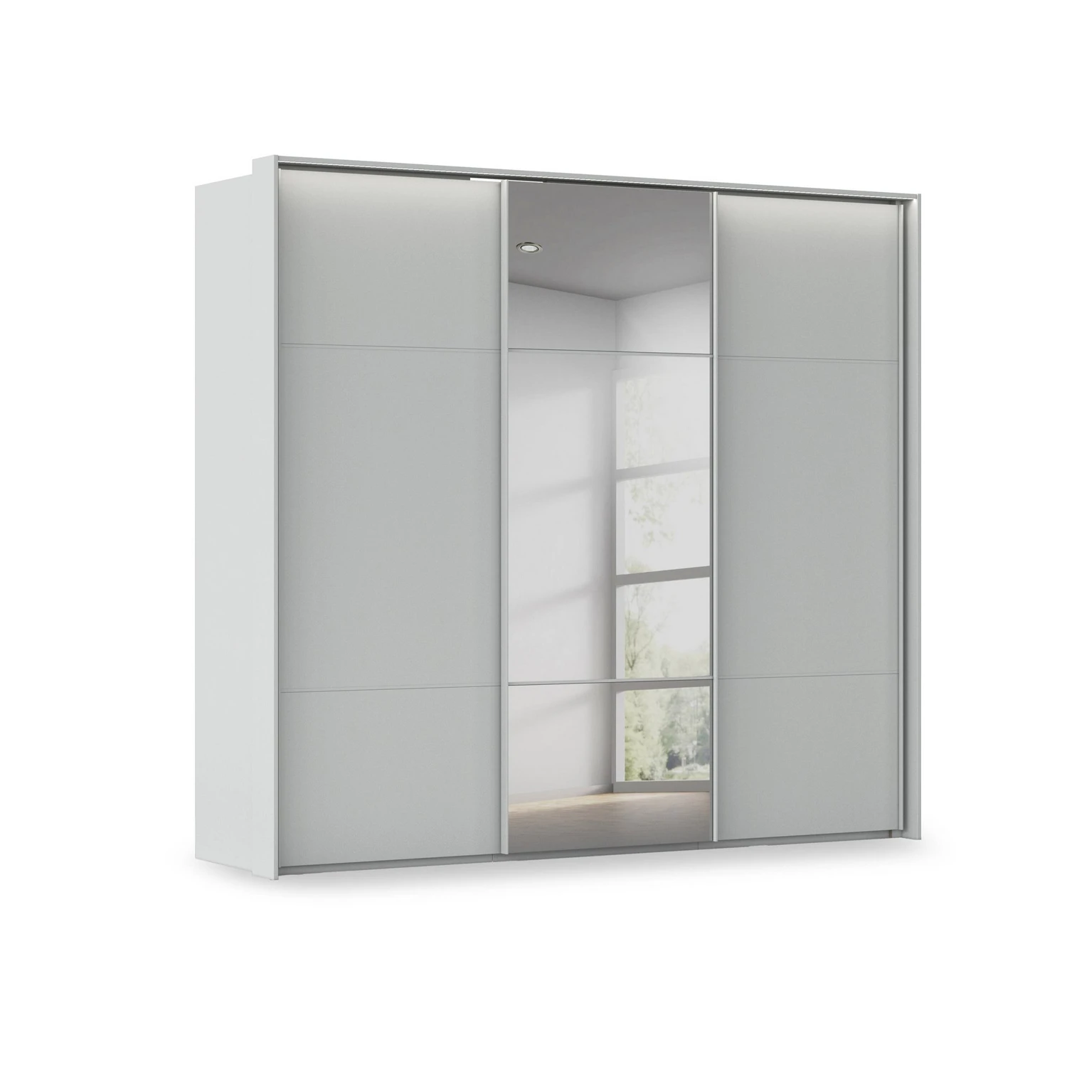 Rauch Haven 3 Door Slider Wardrobe with 2 Décor Doors, 1 Mirror Door and Lights in Silk Grey