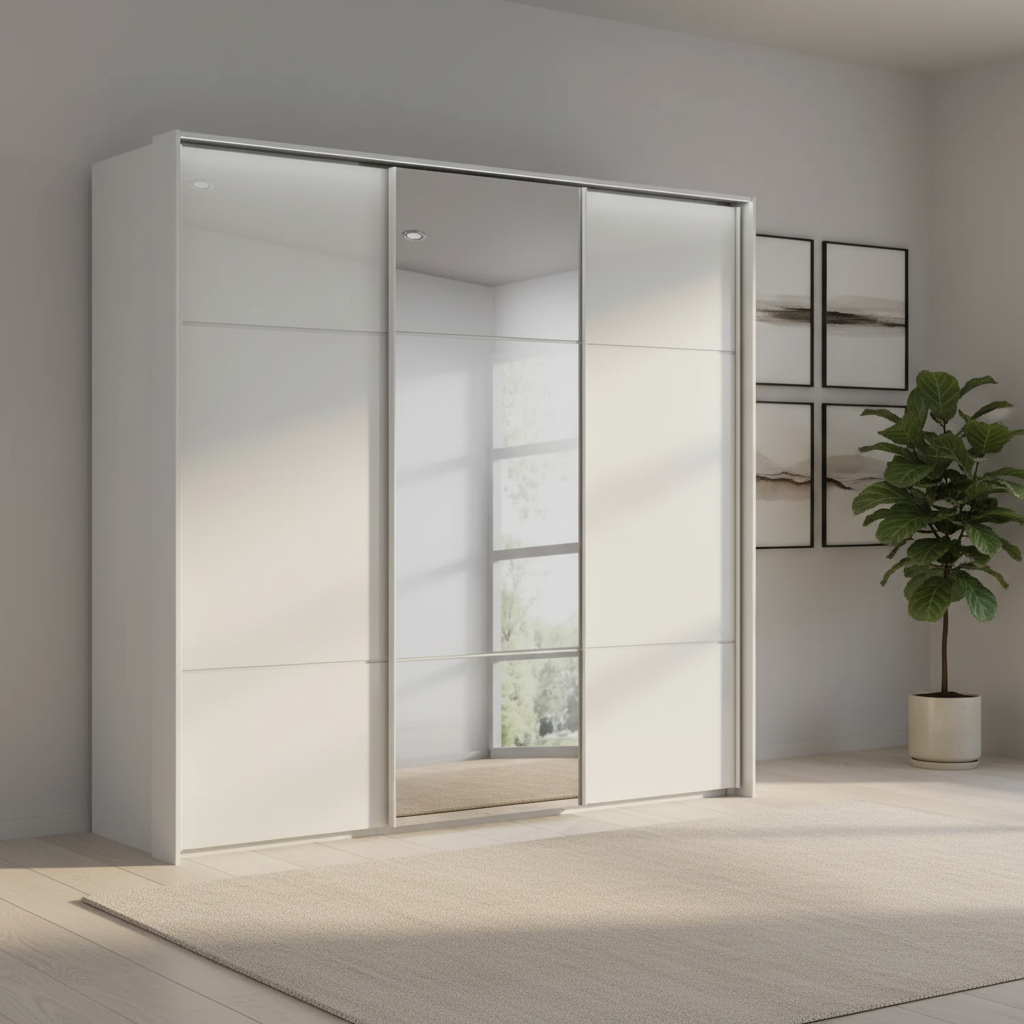 Rauch Heaven 240cm 3 Door Slider Wardrobe with 2 Glass Doors, 1 Mirror Door & Lights in Silk Grey styled in a modern bedroom