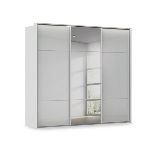 Rauch Haven 3 Door Slider Wardrobe with 2 Glass Doors, 1 Mirror Door & Lights in Silk Grey